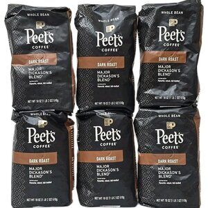 6-PACK Peet's Coffee Dark Roast Whole Bean Major Dickason’s Blend 18oz (1LB 2oz)